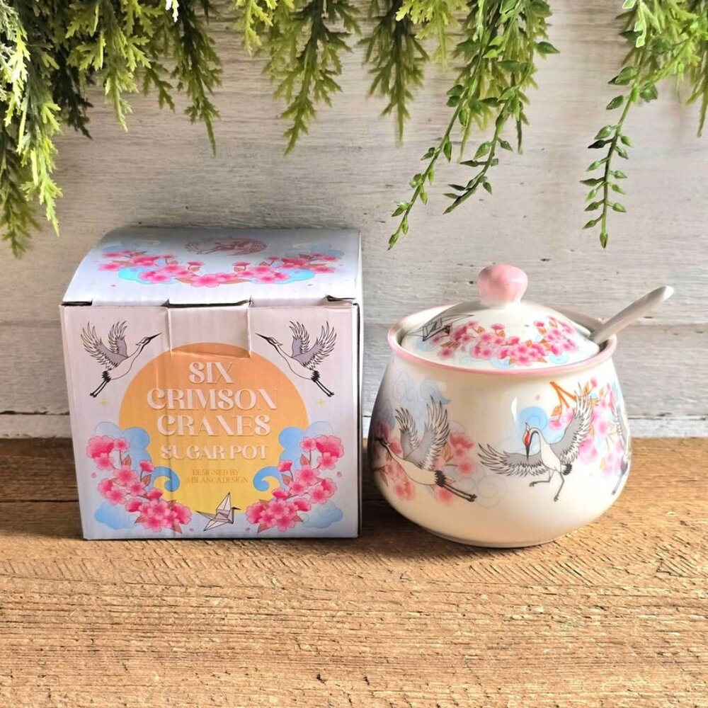 Fairyloot Six Crimson Cranes Sugarpot Sugar Bowl with Spoon Bird Cherry Blossoms